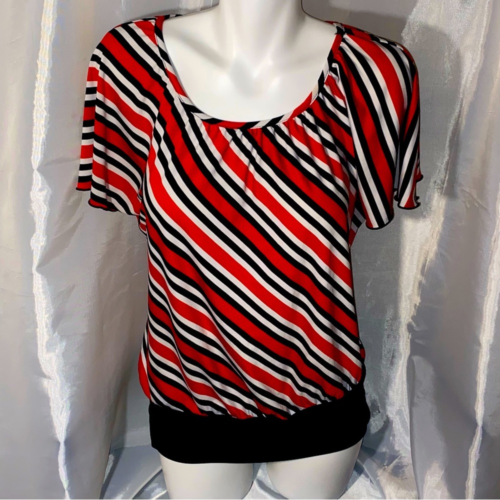 “New Direction” Black, Red & White Diagonal Stripe Blouse, Size Medium